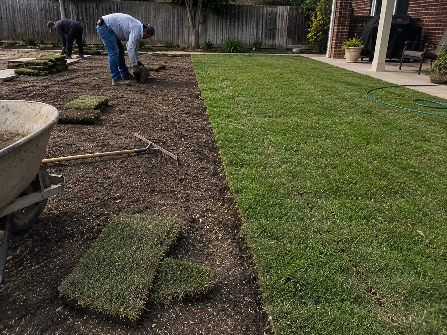 Crew laying squares of sod on prepared bare soil next to an established lawn