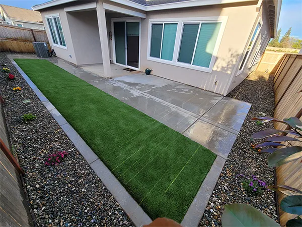 Backyard turf lawn and concrete walkway bordered by river rock and planted flower beds